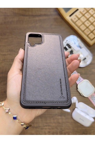 Samsung Galaxy A12 Uyumlu Premium Deri Dokulu Darbelere Karşı Dayanıklı Nazal Silikon Kılıf Siyah