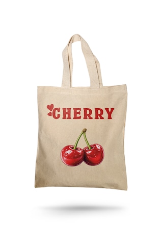 Lunora Collection Cherry Kiraz Baskılı Bez Çanta Açık Krem