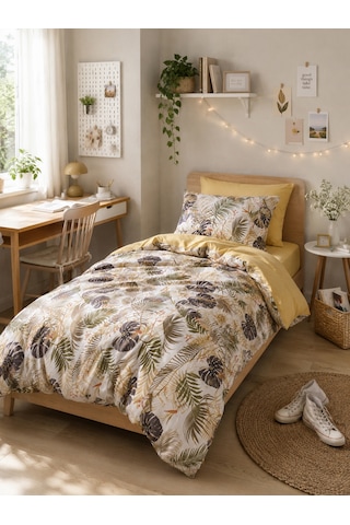Mystory Home Lastikli Çarşaflı Tek Kişilik Nevresi Takımı Monstera