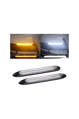 Selamlamalı Güçlü Işık Açılış Animasyonlu 12V Su Geçirmez Kayar Sinyalli Araba Gündüz Farı Drl Led Lamba Beyaz - Sarı 2 Adet 34.5 CM