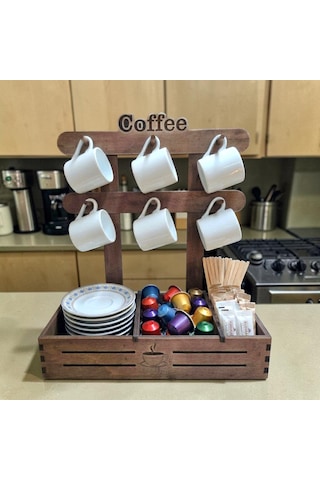 Ahşap Kahve Köşesi - Fincan Askılık, Kahve Kapsülü Ve Şeker Organizeri, Kahve Sepeti. 30cm Ahşap Stand