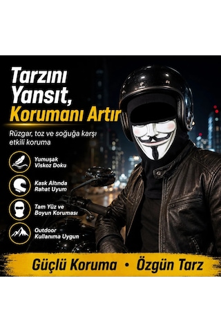 Womanandkids Wak Unisex Anonymous Baskılı Balaklava 1 Adet Tek Beden Viskoz Kask İçi Motosiklet Maskesi Siyah