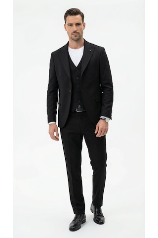Erkek Slim Fit Takım Elbise Düz Dokulu Kırışmaya Dayanıklı Likralı Polyviskon Kumaş, Sivri Yaka, Tek Düğmeli, Çift Yır Siyah