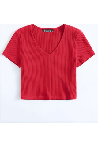 Rooted-kadın Basic Crop V Yaka Kaşkorse T-shirt Kirmizi