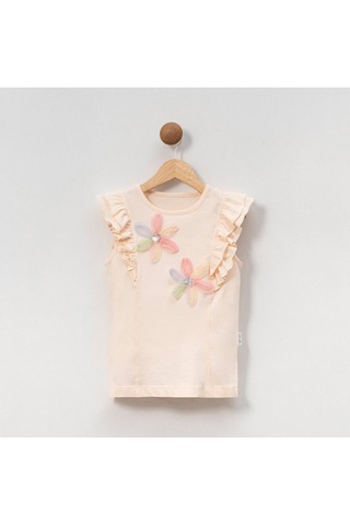 Overdo Kids Kız Çocuk Çiçekli Fırfırlı Kısa Kollu %100 Pamuklu T-shirt Somon