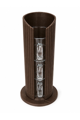 3'lü 100ml Espresso Cortado Türk Kahvesi Fincanı Seti Çift Cidarlı Bardak Ve Dikey Bardak Standı Kahverengi