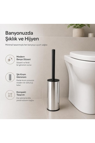 Alper Banyo Krom Klozet Fırçası, Paslanmaz Görünümlü Tuvalet Fırçası, Siyah Saplı Modern Wc Fırçalık, Bany Genel