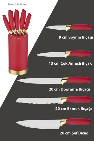 N3242 Pitaya Silindir 6 Lı Bıçak Seti Gold- Kırmızı Altın- Kırmızı