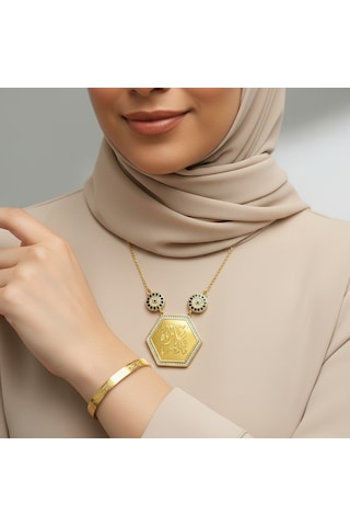 Maşallah Yazılı Kolye Ve Ayetel Kürsi Bileklik Seti Gold Çelik İslami Takı Altın