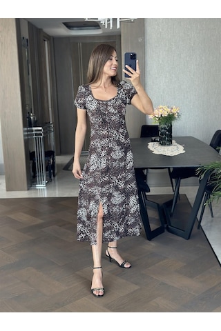 Forlady Kahverengi Leopar Desen Prenses Kol Yırtmaçlı Bürümcük Kadın Elbise - Kahverengi