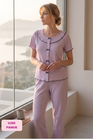 Çağrı Bie's Kadın Bürümcük Bebe Yaka Fırfır Fiyonk Detaylı Pamuk Penye Mevsimlik Kısa Kol Pijama Takımı lila