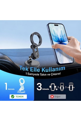 Tch04 Güçlü Vakumlu 360 Derece Ayarlanabilir Cam Torpido Ön Panel Uyumlu Manyetik Araç Telefon Tutucu Siyah