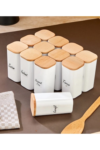 12'li Etiketli 300 Ml Bambu Ahşap Kapaklı Akrilik Mika Baharatlık Saklama Kabı - Vakumlu Sızdırmaz Ahşap - Beyaz