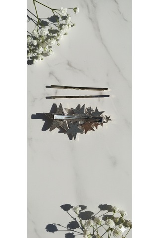 Yıldız Desneli Metal Toka Ve 2 Adet Tel Toka, Toplam Üç Adet Metal Toka Gümüş