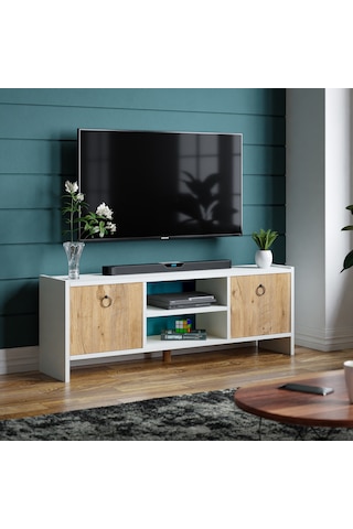 Tv Sehpası Kapaklı Raflı Tv Ünitesi Televizyon Sehpası Beyaz- Çam