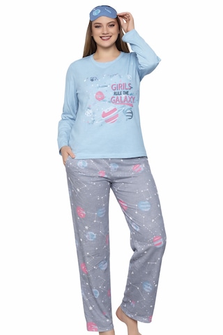Abarta Kadın Pamuklu Desenli Uzun Kol Pijama Takımı Göz Bandı Hediyeli Bebek Mavi