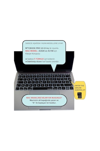 Macbook Klavye Koruyucu A1534 A1708 Uyumlu Türkçe F Baskılı Silikon Klavye Koruyucu Uk Enter Siyah
