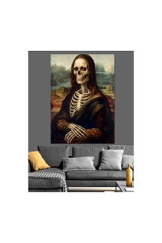 Mona Lisa Tarzında İskelet Portresi Yağlı Boya Dokulu Kanvas Tablo Canvas Tablosu
