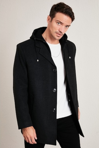 Buratti Çıkarılabilir Kapüşonlu Kırçıllı Slim Fit Kaşe Erkek Kaban 5841013 Füme