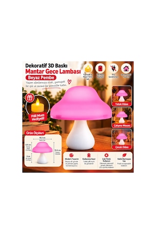 Dekoratif 3d Baskı Mantar Gece Lambası - Pilli Mum Hediyeli - Pembe Beyaz