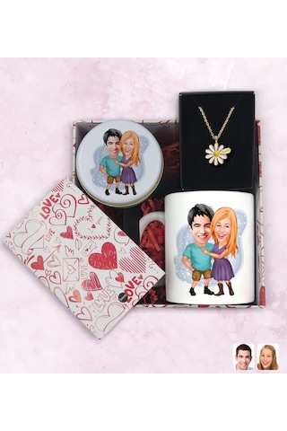 BK Gift Sevgiliye Özel Karikatürlü Kutuda Hediye Seti, Kupa Bardak, Sevgili Hediyesi, İsimli Papatya Kolye, Kokulu Mum,Yıl Dönümü Hediyesi-2