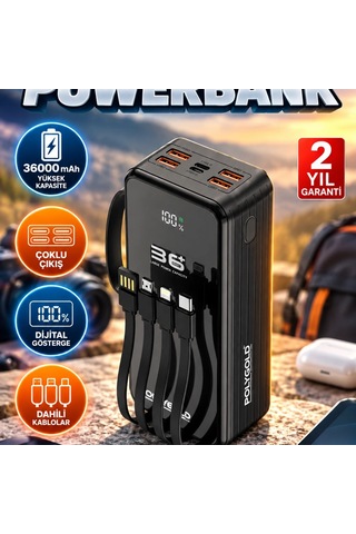 Dijital Göstergeli Çok Çıkışlı Powerbank Dahili Kablolu Taşınabilir Şarj Cihazı Renkli