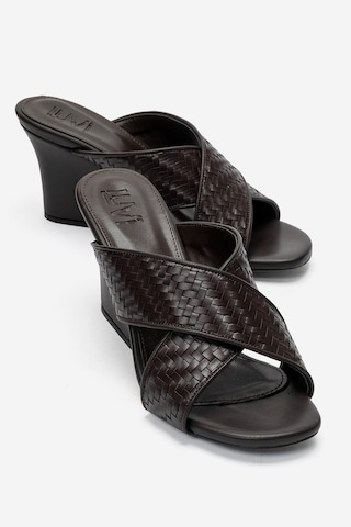 Luvi Shoes Lavean Kahverengi Örgü Çapraz Bantlı Kadın Dolgu Topuklu Terlik