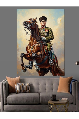 Kahverengi Atla Mustafa Kemal Atatürk Dekoratif Kanvas - Mdf Ahşap Tablo