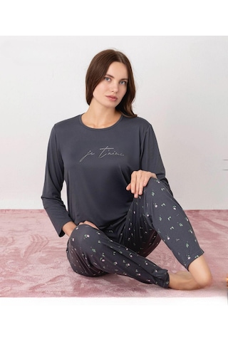 Pijamoni Kadın Milan Bisiklet Yaka Uzun Kol İnce Pijama Takımı 7600/35 - 1 Adet Füme