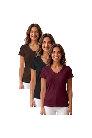 Thiff Gymwear Kadın Kısa Kollu V Yaka Basic Tişört T-shirt 3'lü Set Kahverengi - Siyah- Bordo