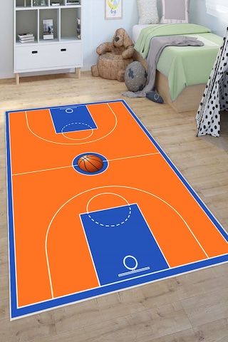 Basketbol Sahası Desenli Yıkanabilir Kaymaz Taban Çocuk Oyun Halısı Turuncu
