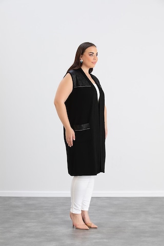 Wearon Kadın Ajda 2 İp Kristal Süs Deri Ve Taşlı Cepli Siyah Yelek Siyah