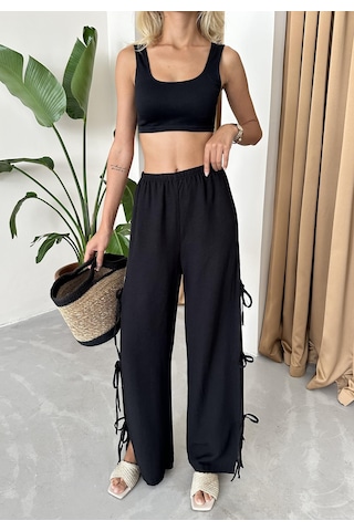 Siyah %100 Pamuk Yan Yırtmaç Ve Bağlama Detaylı Pantolon Siyah