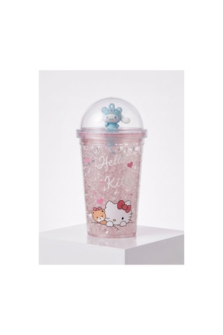Sevimli Hello Kitty Kristal Figürlü Cam Bardak,450 Ml, Kız Çocuk Özel Tasarım Pipetli Plastik Suluk,matara,model2 Mavi
