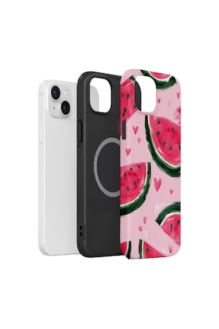 Apple iPhone Uyumlu 15 Vorian Çift Katmanlı Magsafe Kılıf Watermelon Hearts