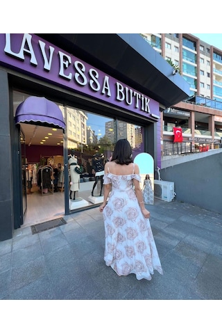 Şerit Geçişli Şifon Elbise - Beyaz-189