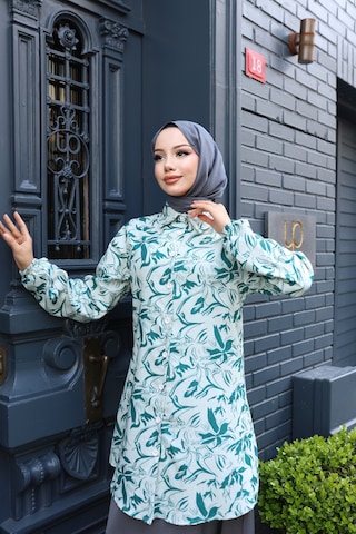 Kadın Yeşil Çiçek Desenli Pamuk Dokuma Kumaş Tunik Gömlek Etekli Takım Tk1417 Yeşil