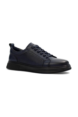 Erkek Lacivert Bağcıklı Baskılı Deri Sneaker