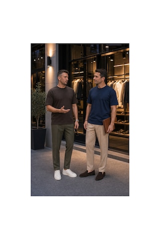 Modi Green Premium Oysho Model 2'li Unisex Regular Oversize Sıfır Yaka Tişört - Kahverengi - Lacivert