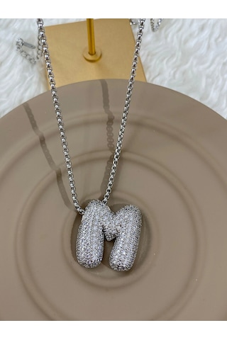 Premium Gümüş Renk 316l Çelik Parlak Taşlı Şık M Harf Kolye 60cm