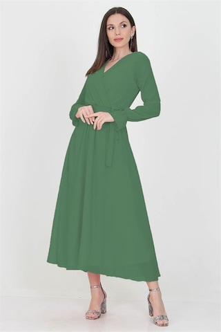 Neşeli Butik Kadın Kruvaze Yaka Zümrüt Yeşili Uzun Şifon Elbise Kts003 Yeşil