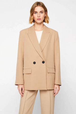 Benerly Kadın Kruvaze Yaka Düz Desen Dokuma Kalıp Blazer Ceket Fonksiyone Camel