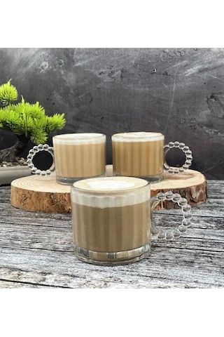 6 Lı Boncuk Desen Kulplu Cam Kupa 300 Cc Beyaz