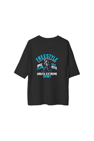 Paybuy Kadın Oversize Tişört %100 Pamuk Freestyle Bmx Klübü Est Baskılı Siyah