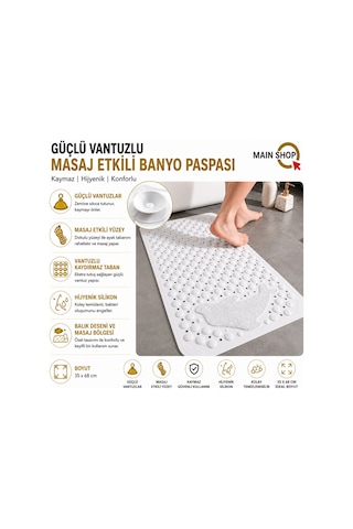 Mainshop Masajlı Vantuzlu Banyo Paspası & Kaydırmaz Zemin Duşakabin Paspası Balık Desenli 35 X 68 Cm M-10 Beyaz
