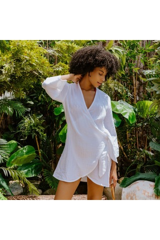 Pamuk Dokuma Kruvaze Kuşaklı Kadın Müslin Plaj Elbisesi - XS - S Beyaz