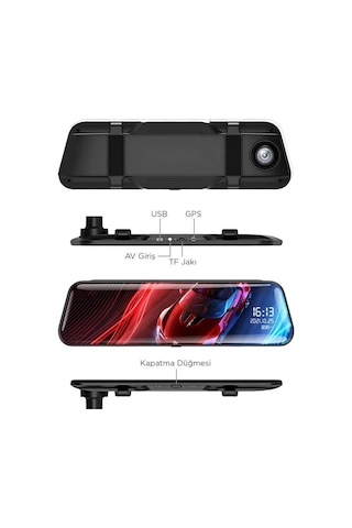 Torima Ta-06 Siyah 1080p Araç İçi Lcd 9.6 İnç Dokunmatik Ekranlı Dikiz Aynası Gece Görüşlü Ön Ve Arka Araç Kamerası