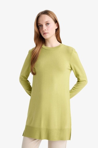 Defacto Regular Fit Bisiklet Yaka Yırtmaçlı Basic Düz Triko Kazak Tunik H3431az25wngn743 Yeşil