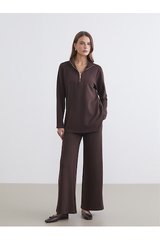 Lcw Everyday Kahverengi Dik Yaka Çizgili Oversize Kadın Tişört