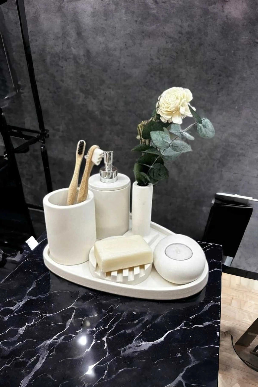 6'lı Kırık Beyaz Beton Banyo Seti Sıvı Sabunluk Diş Fırçalığı ,tepsili,mumluklu Aksesuar Takımı Beyaz